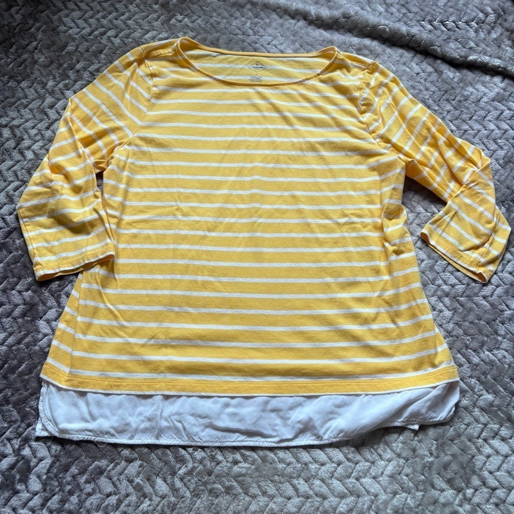 ⭐️⭐️⭐️St John's Bay L Yellow White Striped Faux 2 Piece Shirt Top 3/4 Sleeve